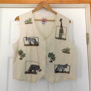 Vintage Keren Hart Zebra Elephant Giraffe Vest Cotton Teacher Size Large